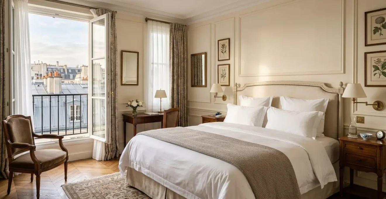 Chambre d'hôtel parisienne avec lit king-size et vue sur les toits en zinc depuis la fenêtre