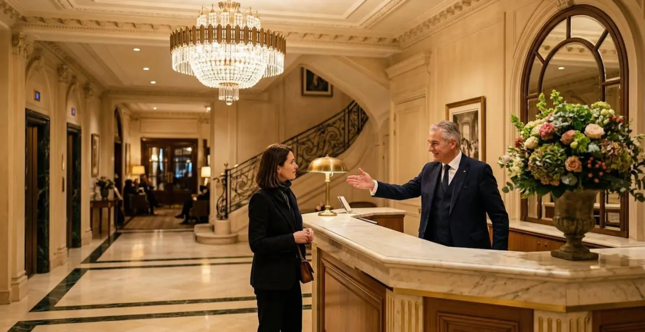 Hall d'entrée élégant d'un hôtel parisien classique avec lustre Art Déco et comptoir de réception en marbre