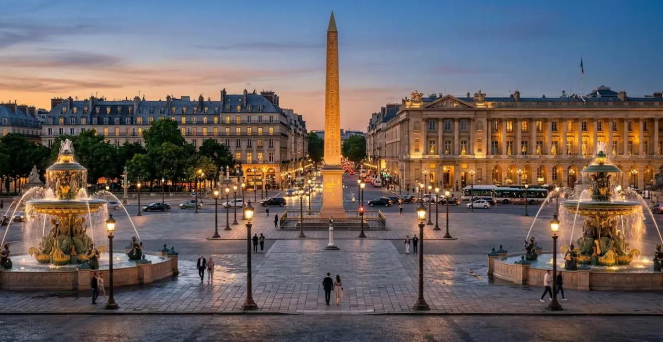 Vue panoramique de la Place de la Concorde avec l'obélisque illuminé au crépuscule parisien