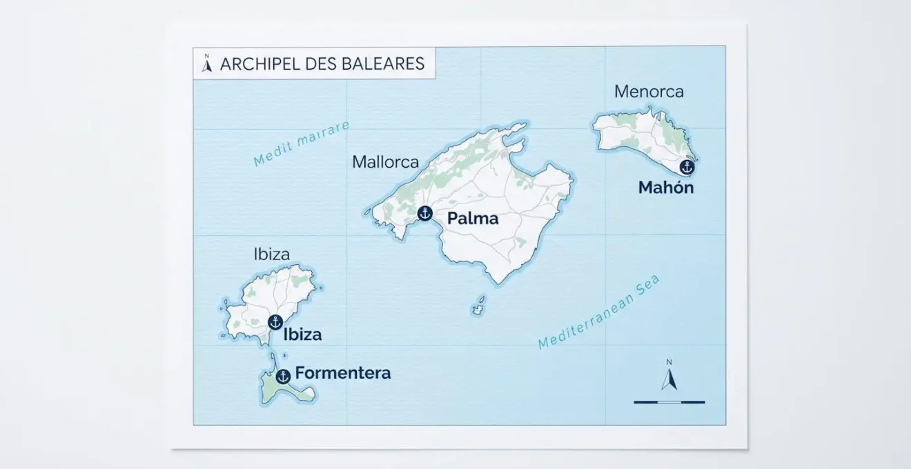 Carte infographique moderne des îles Baléares avec les ports principaux marqués en français sur fond neutre clair