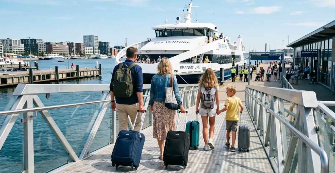 Famille de quatre personnes vue de dos embarquant sur une rampe de ferry moderne avec des bagages à roulettes par une journée ensoleillée