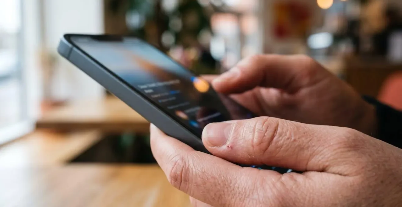 Gros plan sur des mains tenant un smartphone avec un écran complètement flouté montrant une réservation de ferry, arrière-plan bokeh lumineux