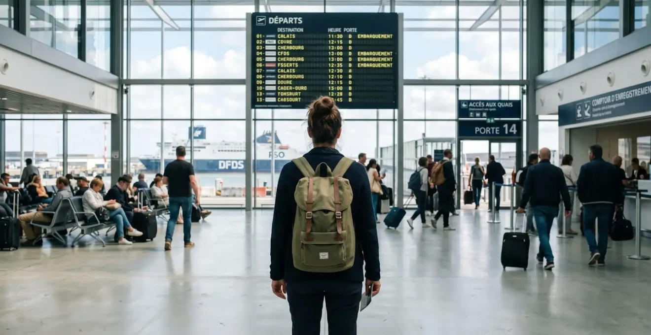 Un voyageur de dos avec un sac à dos regarde un panneau d'information dans un terminal portuaire moderne, lumière naturelle par les baies vitrées