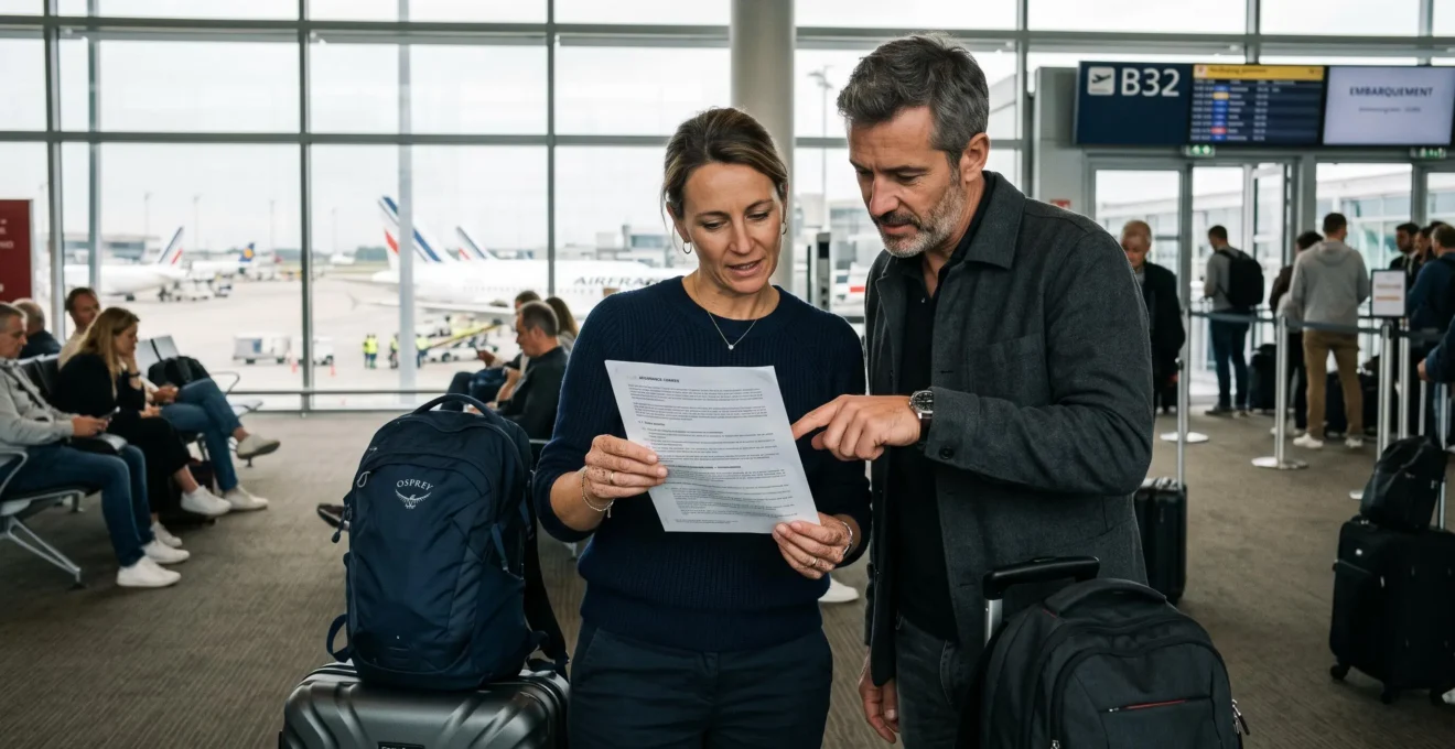 Un couple consulte ensemble un contrat d'assurance voyage dans un hall d'aéroport avant le départ.