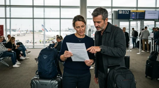 Un couple consulte ensemble un contrat d'assurance voyage dans un hall d'aéroport avant le départ.