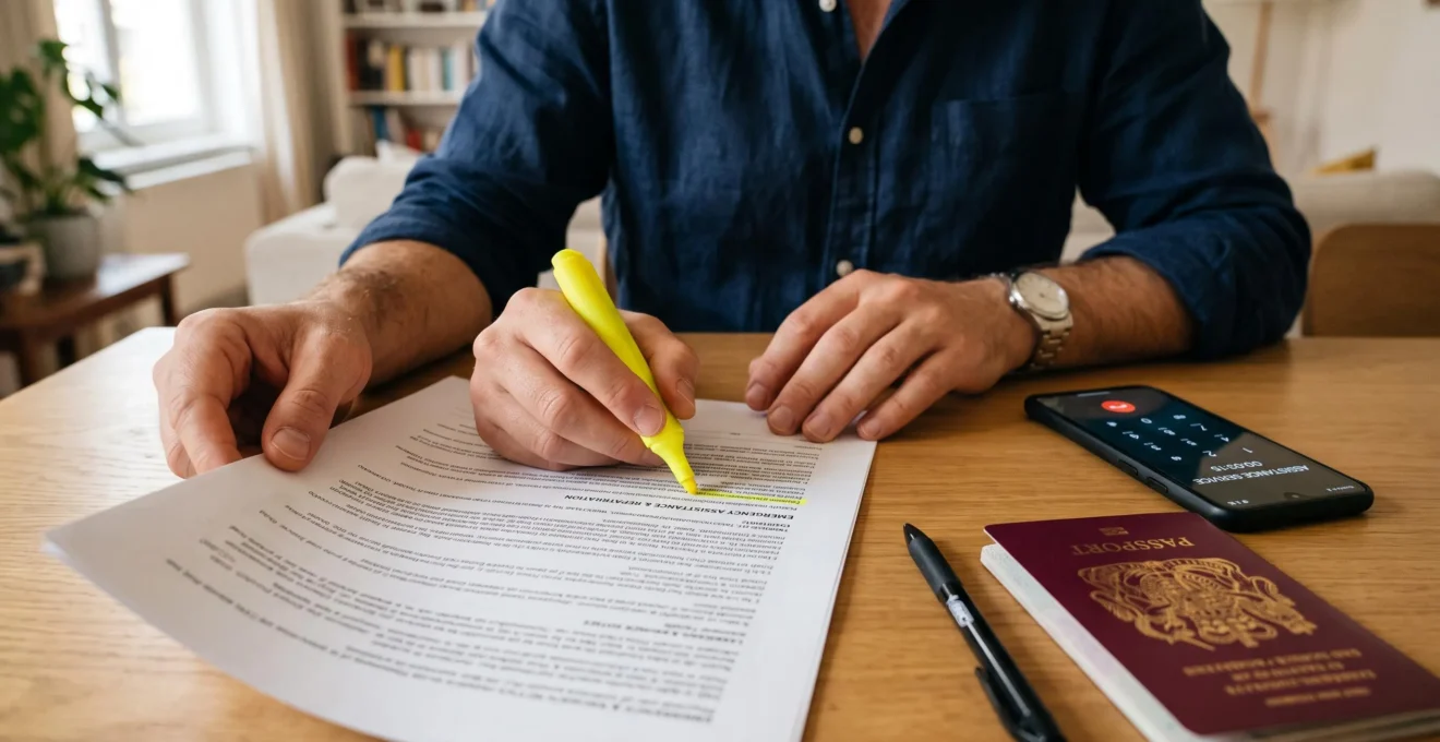 Des mains surlignent des clauses d'un contrat d'assurance rapatriement posé sur une table avec un passeport et un téléphone.